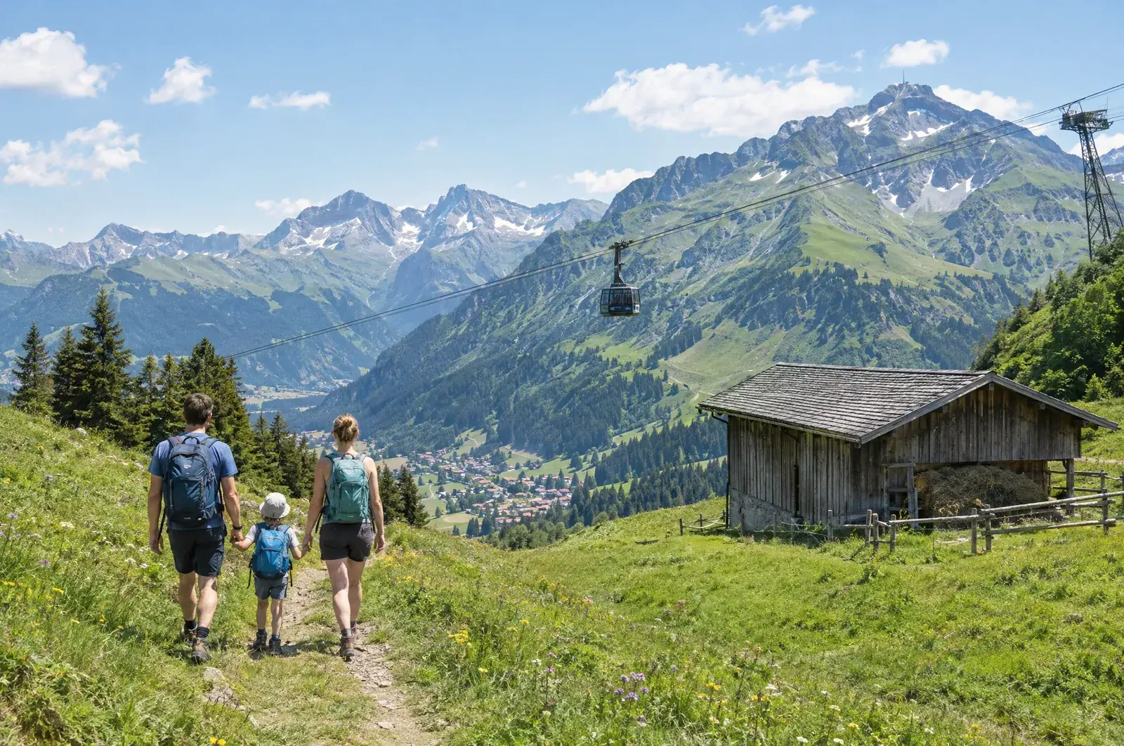 Familie auf einer Wiese über Oberstdorf, darüber eine Seilbahnkabine