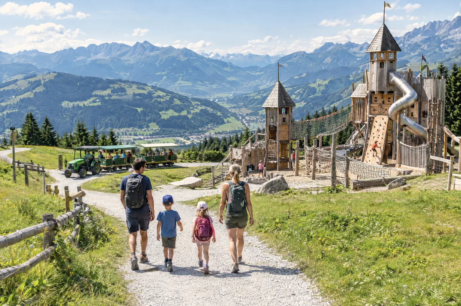 Rodzina z dziećmi w drodze do drewnianego zamku duchów na Geisterbergu nad St. Johann-Alpendorf
