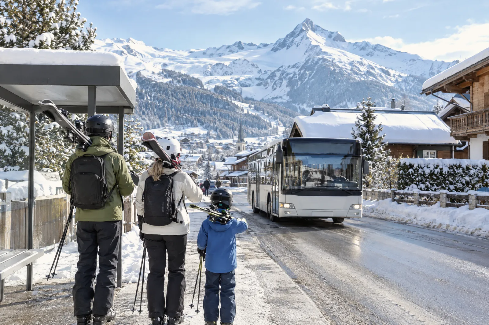 A family with skis waits at a bus stop in a snowy village as a regional bus arrives