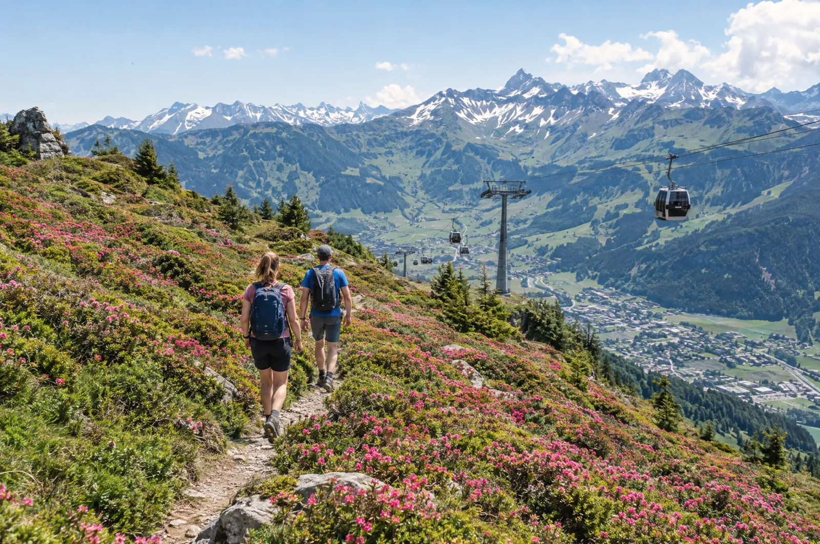 Zwei Wanderer auf einem Weg zwischen blühenden Almrosen am Kitzbüheler Horn, dahinter eine Gondelbahn