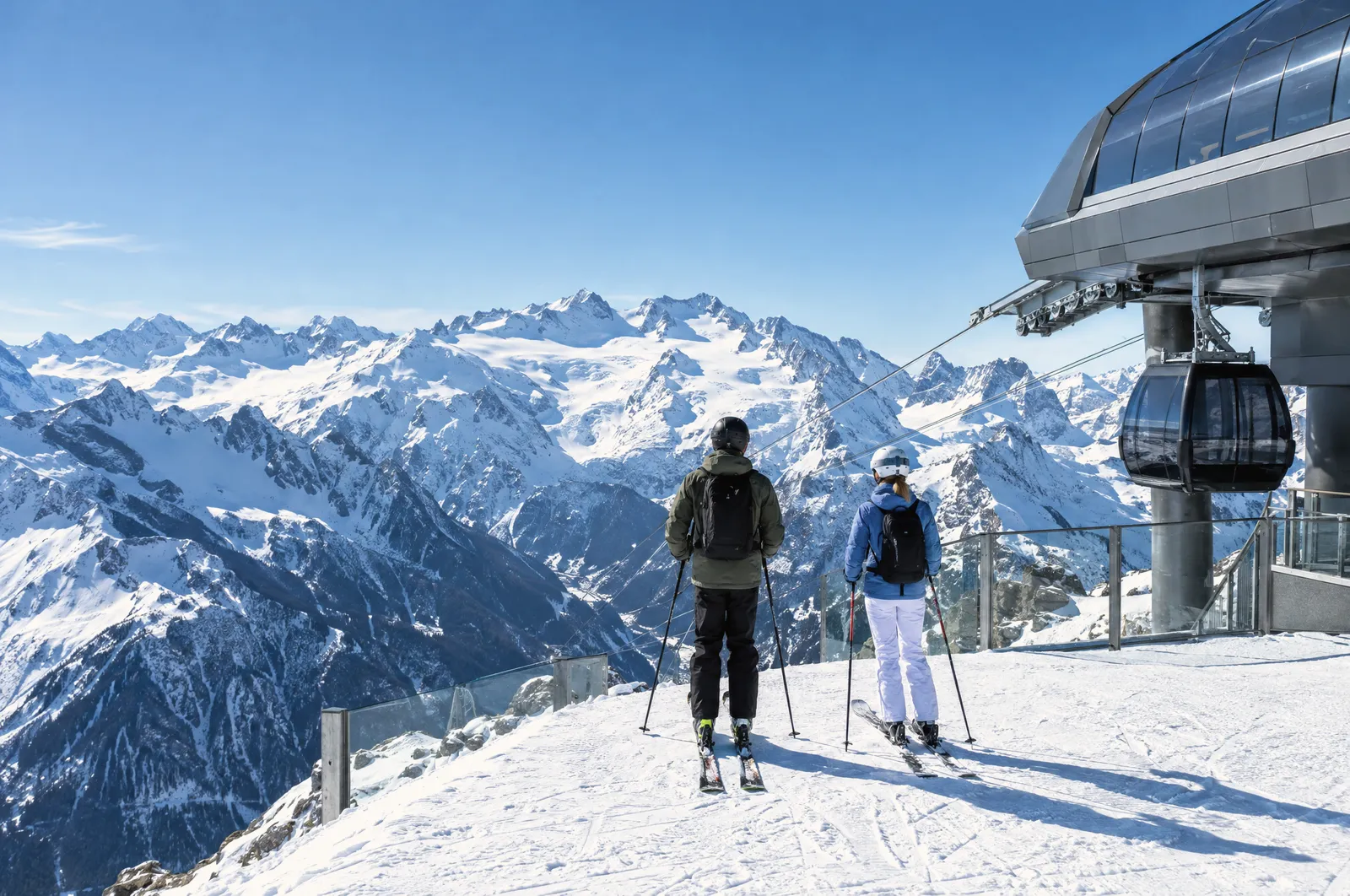 Zwei Skifahrer an der Bergstation am Gaislachkogl über Sölden blicken auf die verschneiten Ötztaler Alpen