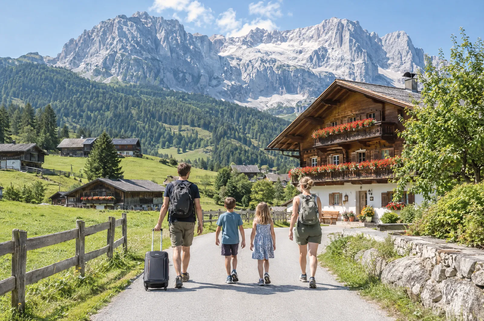 Rodzina z walizką w drodze do pensjonatu z pelargoniami w Ramsau am Dachstein, za nim południowa ściana Dachsteinu