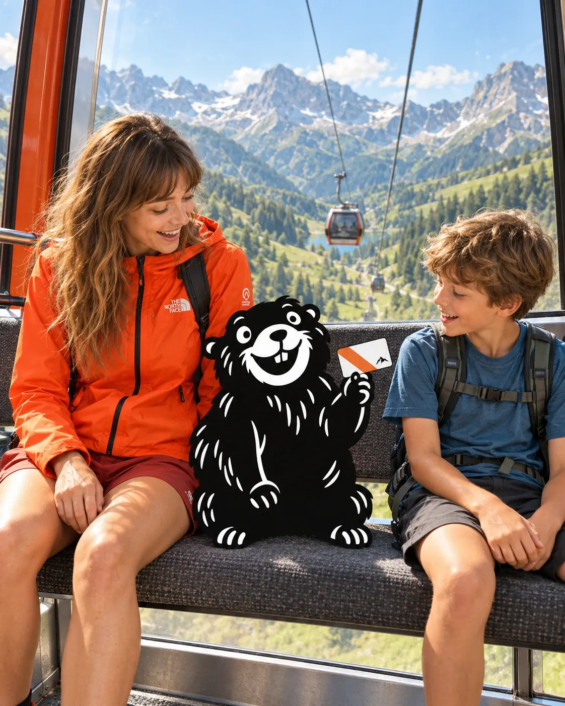 A woman and a boy in a cable car cabin with a marmot holding a summer card between them, a green alpine valley and rocky peaks outside