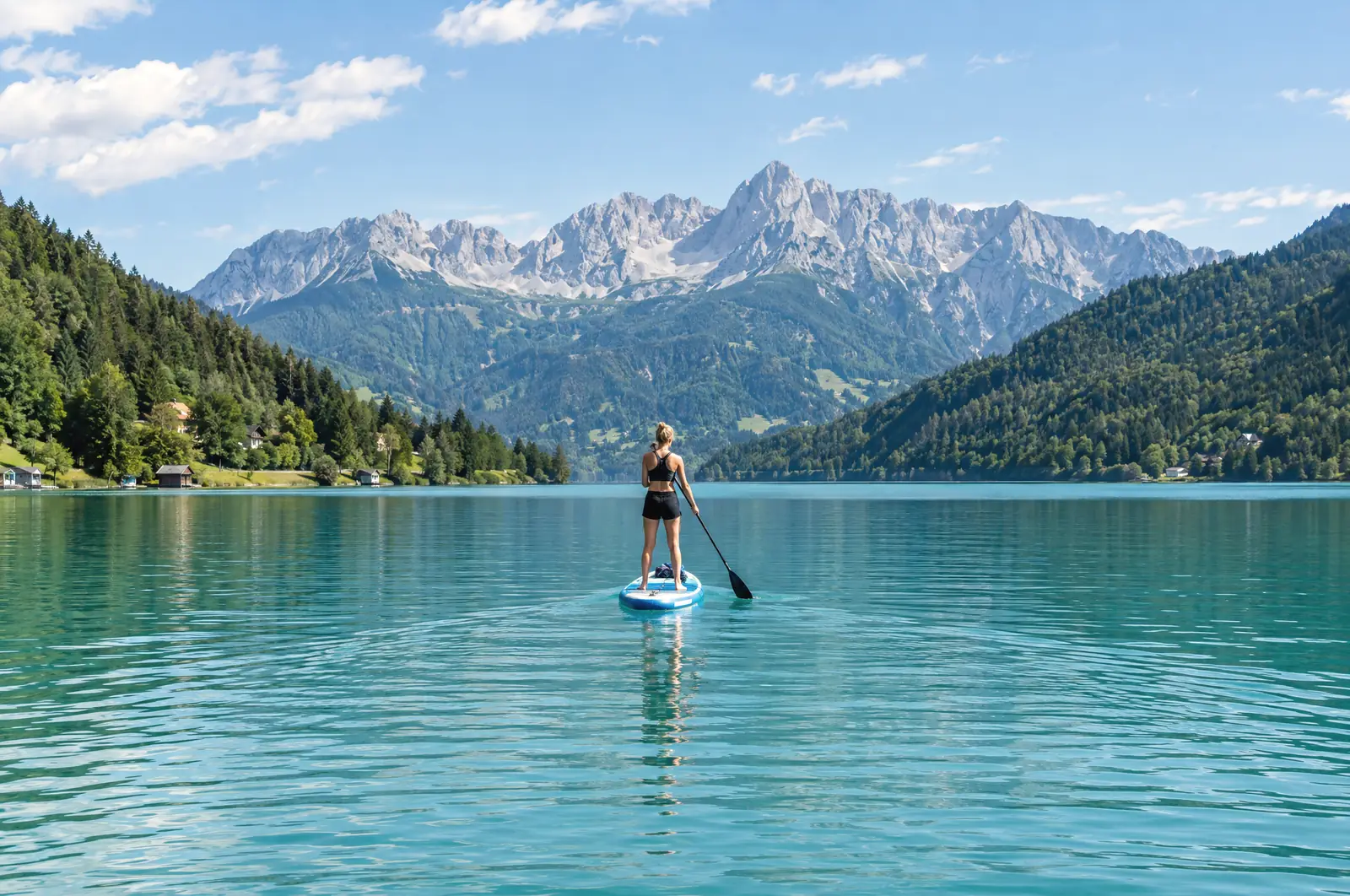 Paddleboarder on a turquoise lake, a rocky ridge on the horizon