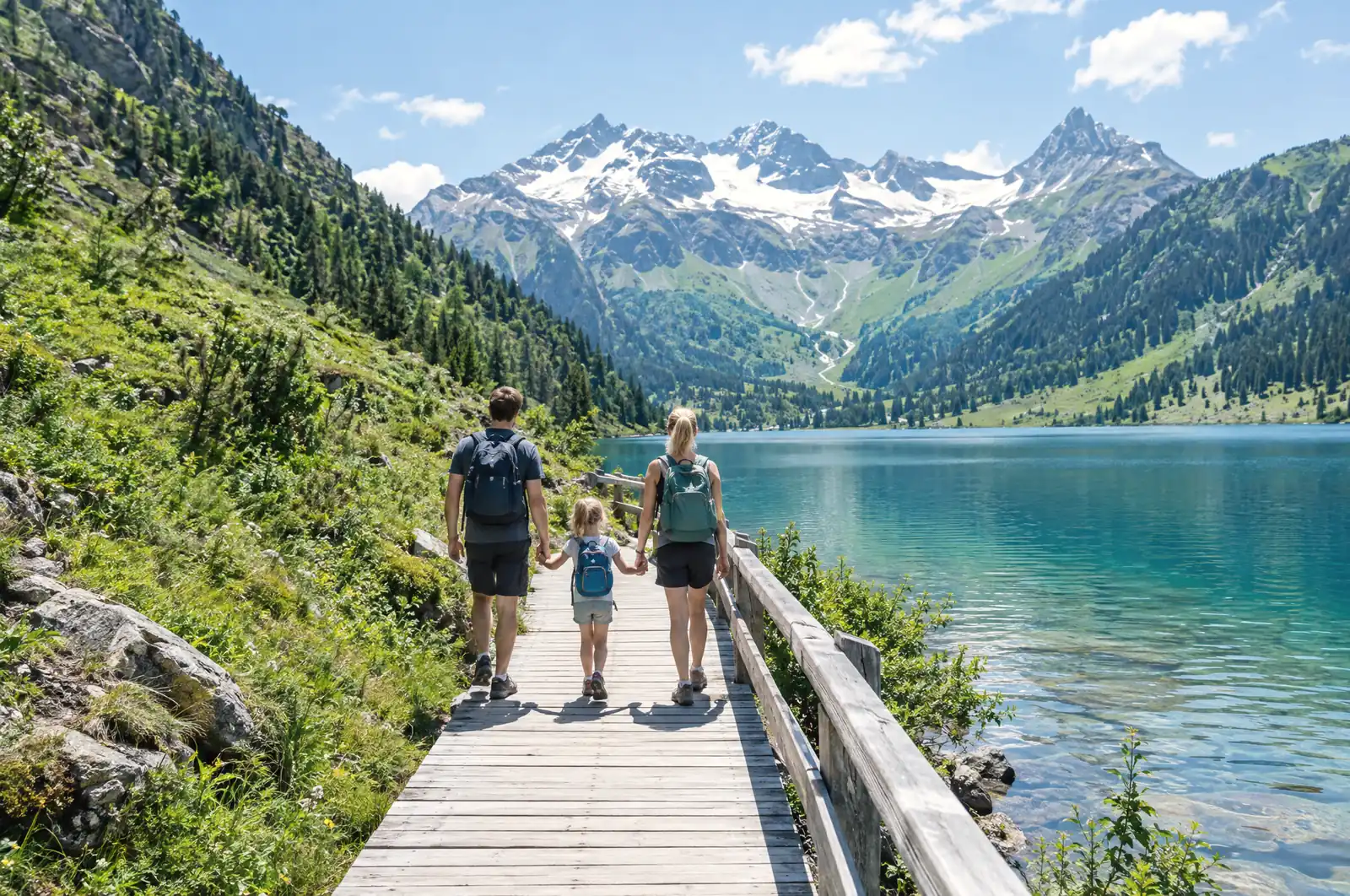 Family with a child on a wooden boardwalk by a turquoise mountain lake