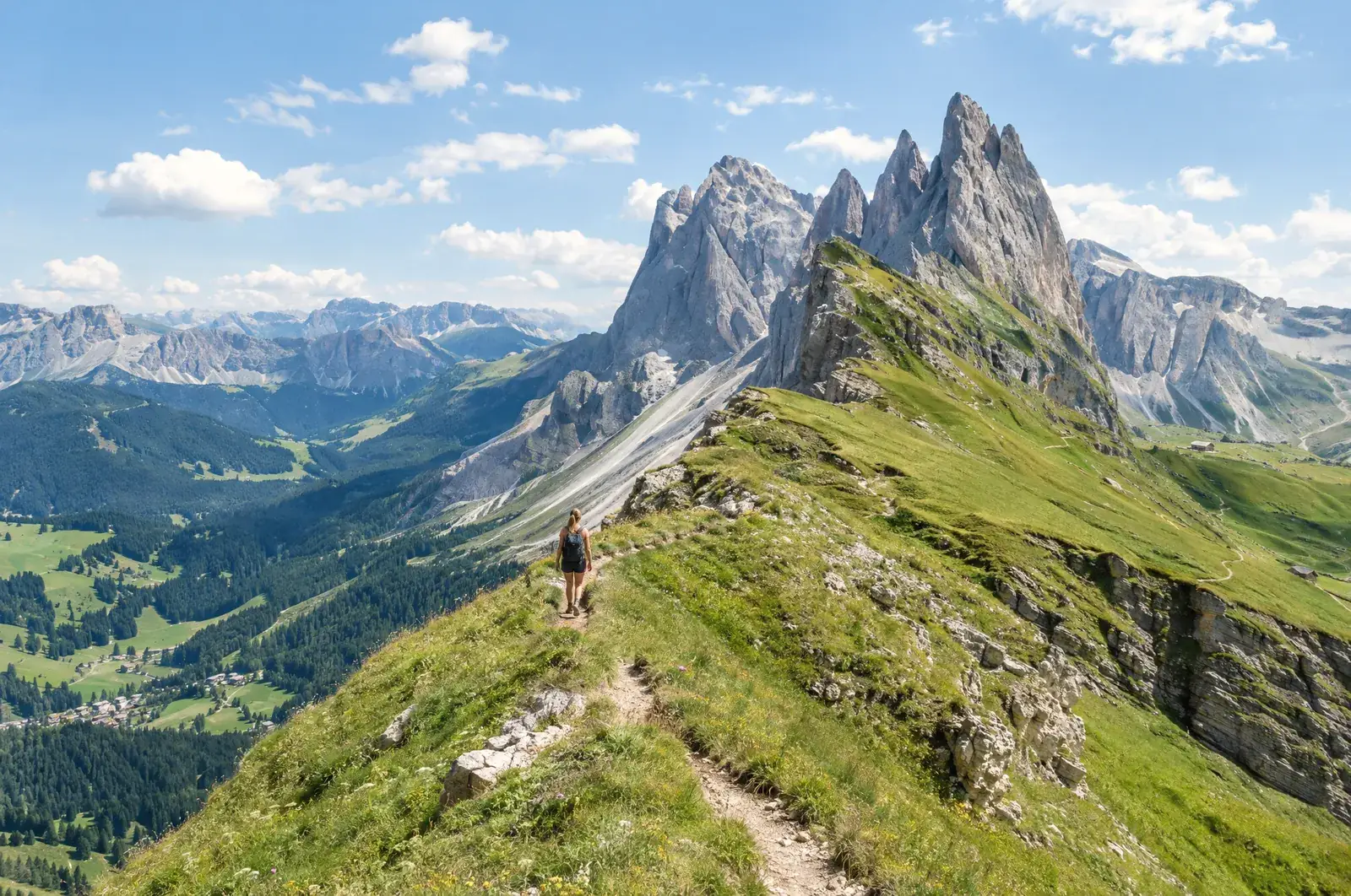 Wanderin auf dem Seceda-Kamm über Gröden