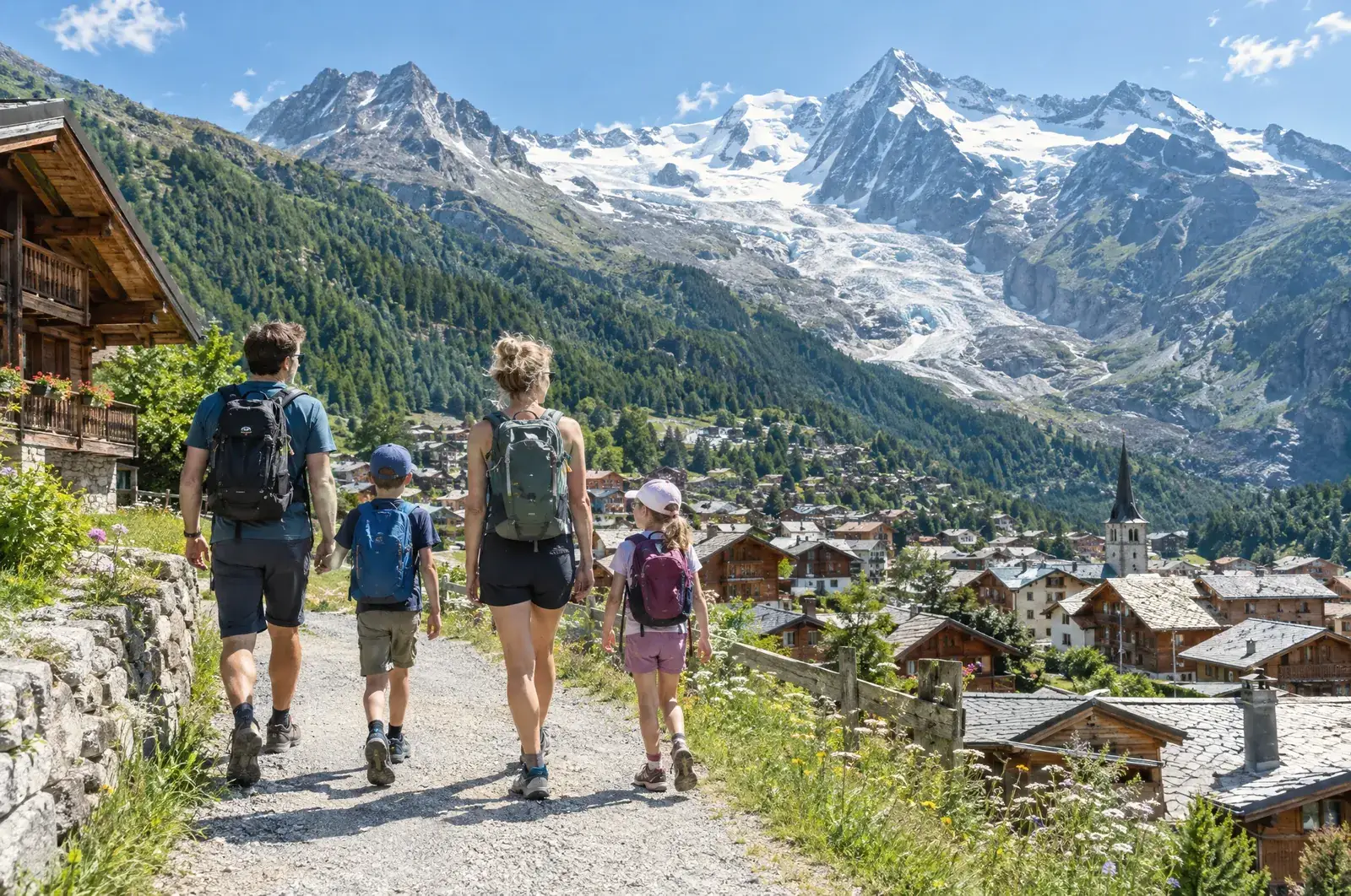 A family on a path above Saas-Fee with the glacier and 4,000 m peaks behind