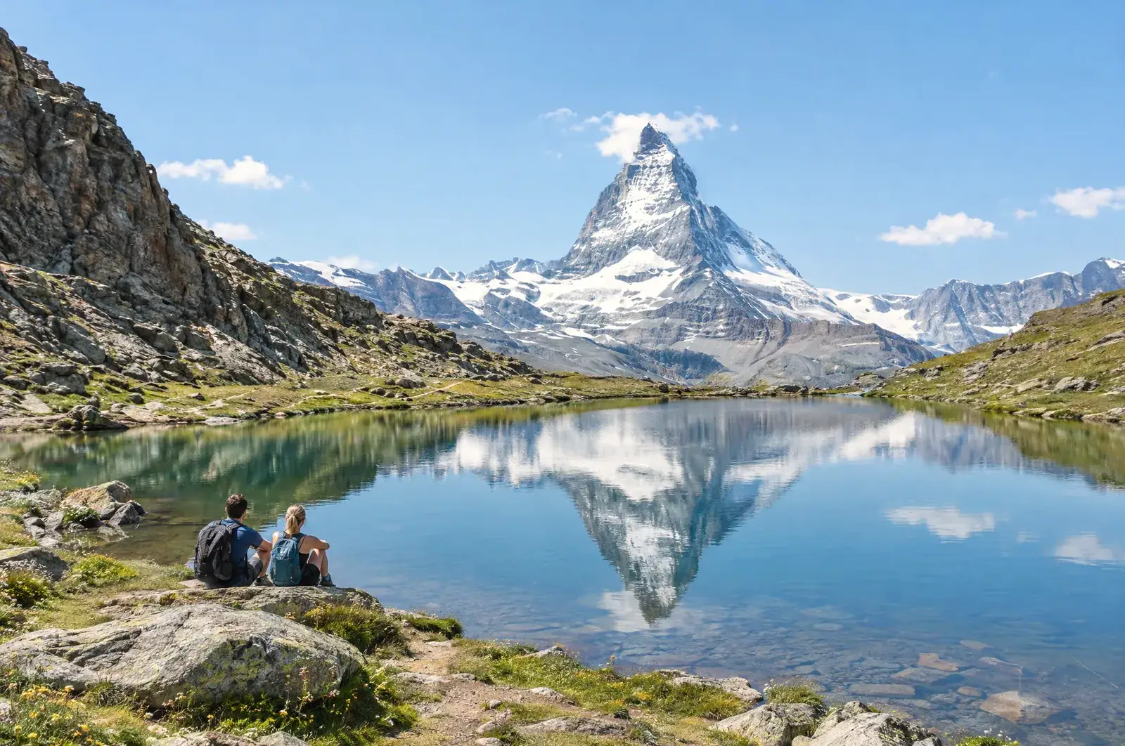 Paar am Riffelsee, in dem sich das Matterhorn spiegelt