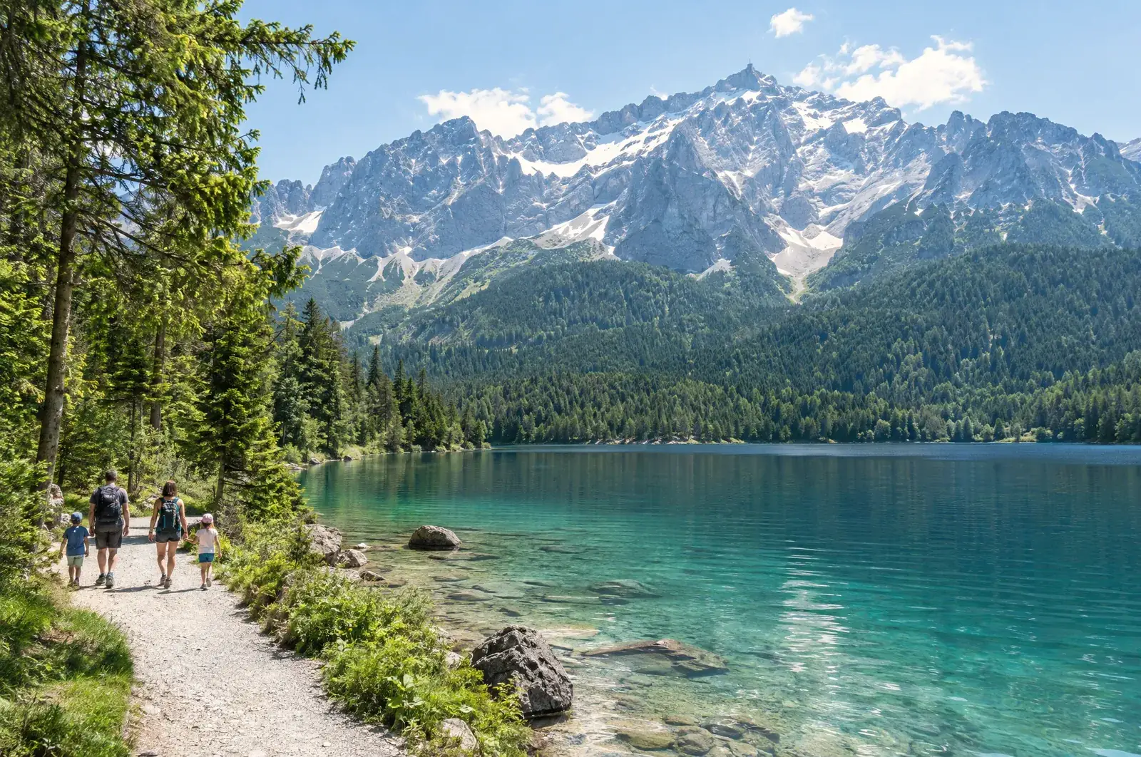 Rodzina nad brzegiem jeziora Eibsee pod masywem Zugspitze