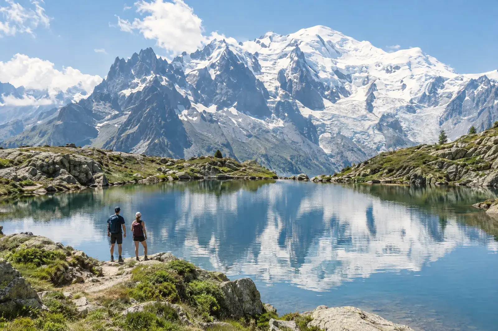 Turyści nad Lac Blanc naprzeciw masywu Mont Blanc