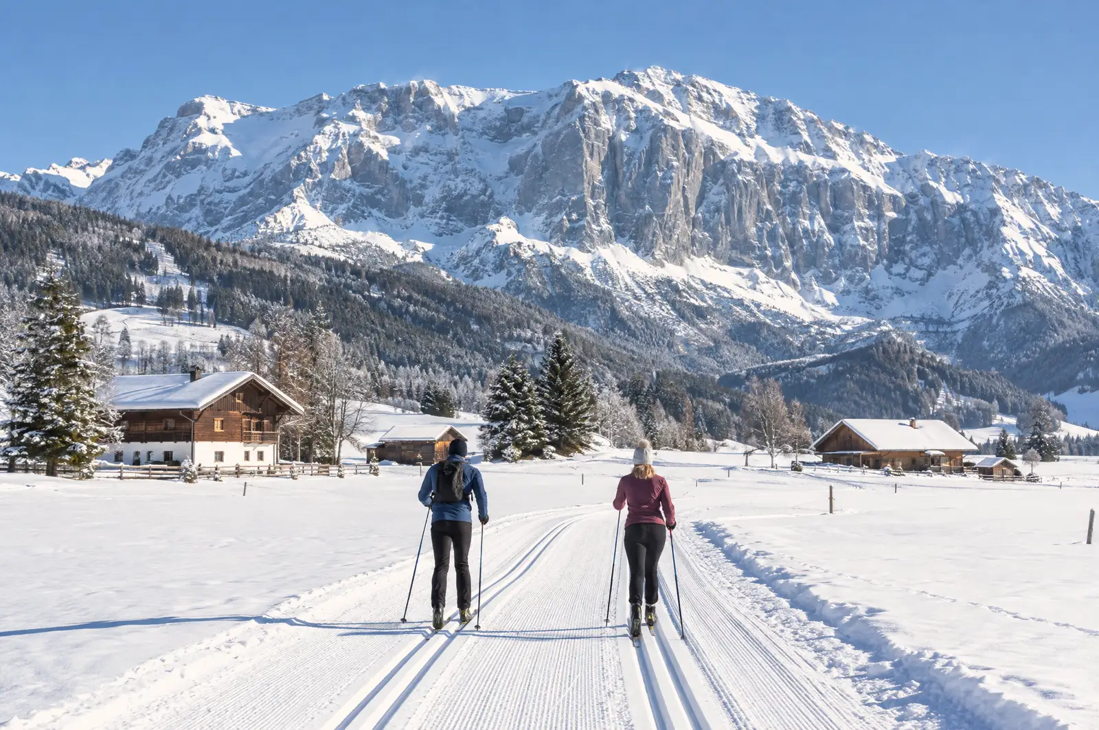 Zwei Langläufer auf der gespurten Loipe unter dem Dachstein in der Steiermark
