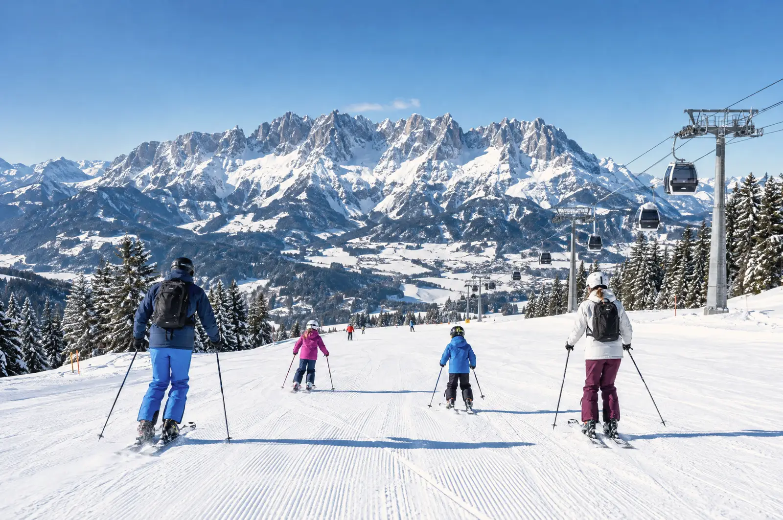 Familie fährt Ski auf einer Piste in Tirol unter Felsgipfeln
